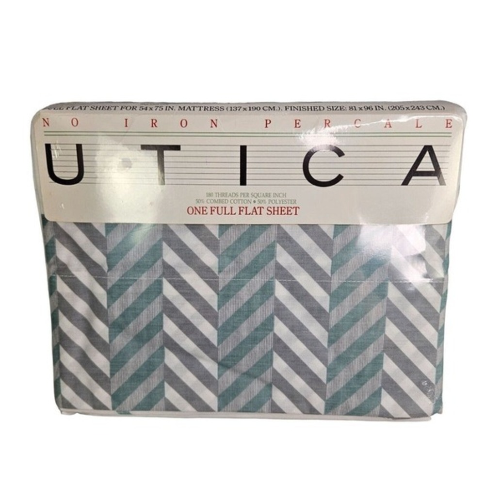 Utica Full Flat Sheet Gray Border No‎ Iron Percale Cotton Blend New Bedding READ